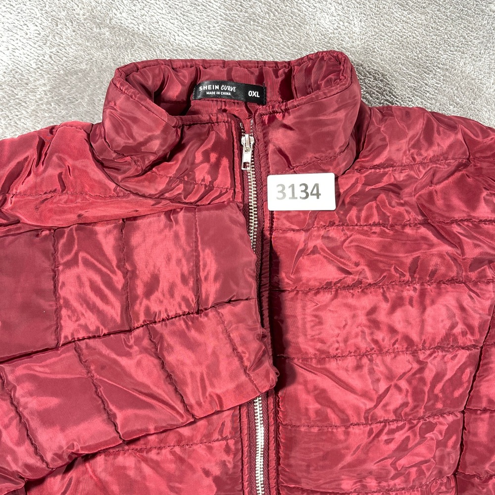 SHEIN CURVE Puffer Jacket Women 0XL Burgundy Red Quilted Mock Neck Full Zip Coat